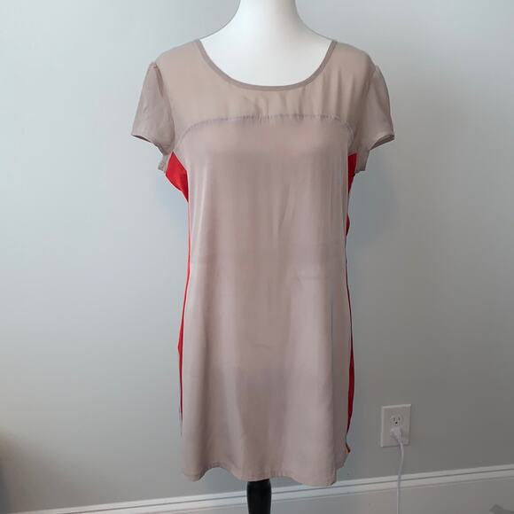 ...Lost Tan and Orange Short Sleeve Shift Mini Dress Sz L - Picture 1 of 8